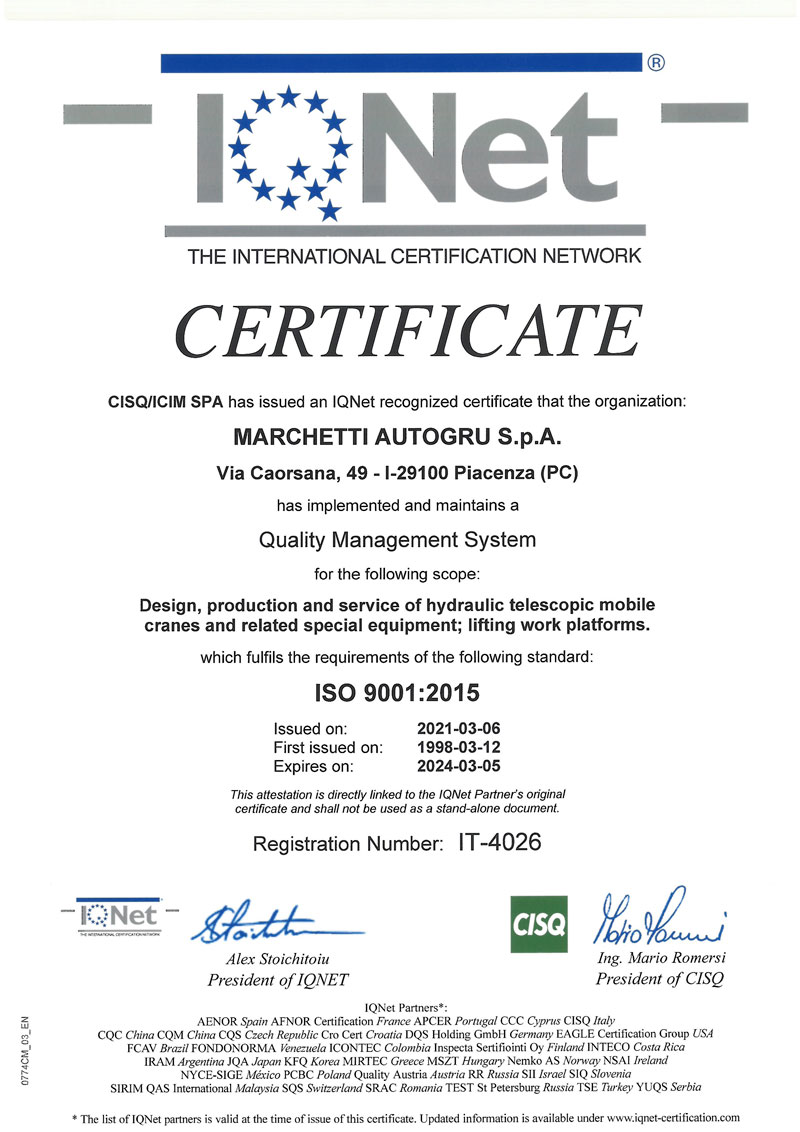 Certificato IQNET Marchetti Autogru