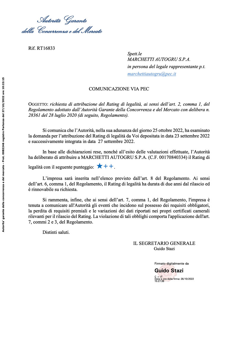 Rating di legalità Marchetti Autogru