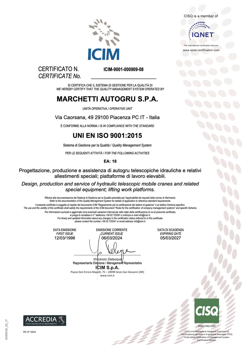 Certificato Iso 9001 Marchetti Autogru